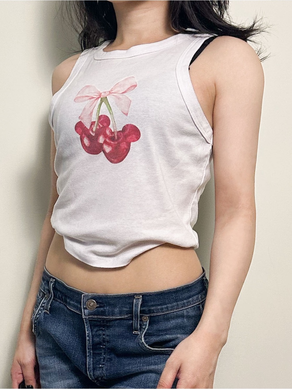 Bella Canvas White Cherry Mickey Mouse Ears Baby Pink Bow Tank/Graphic Tee